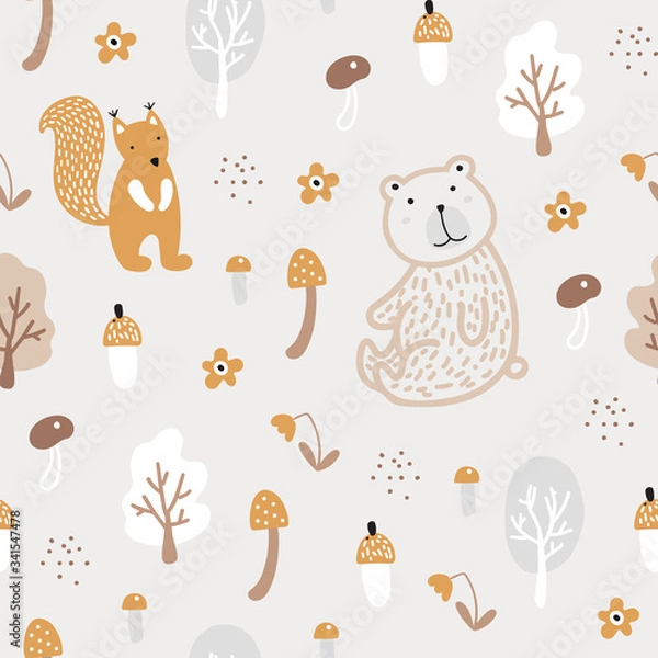 Fototapeta Semless woodland pattern with cute bear