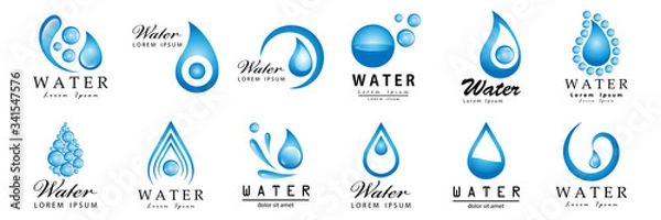 Fototapeta Water Splash Vector And Drop Set - Isolated On White. Abstract Vector Collection Of Flat Water Splash and Drop Logo. Icons For Droplet, Water Wave, Rain, Raindrop, Company Logo And Bubble Design