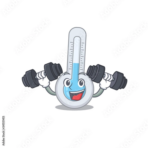 Fototapeta Mascot design of smiling Fitness exercise cold thermometer lift up barbells