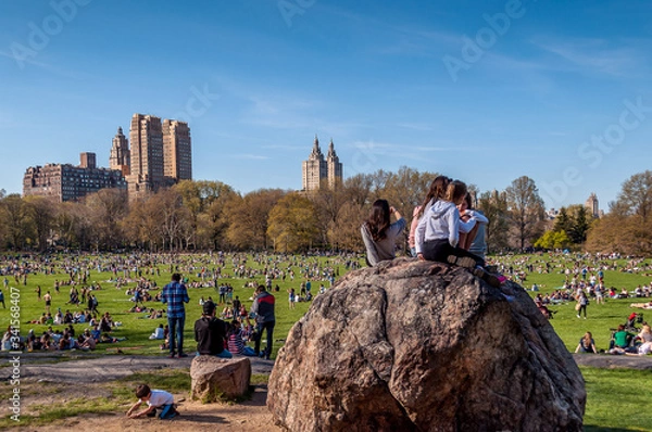 Fototapeta Central Park, Manhattan, New York, USA - April 17, 2016. Sunny day in Central Park. People lying on the grass spending their leisure time with friends and family relaxing. 