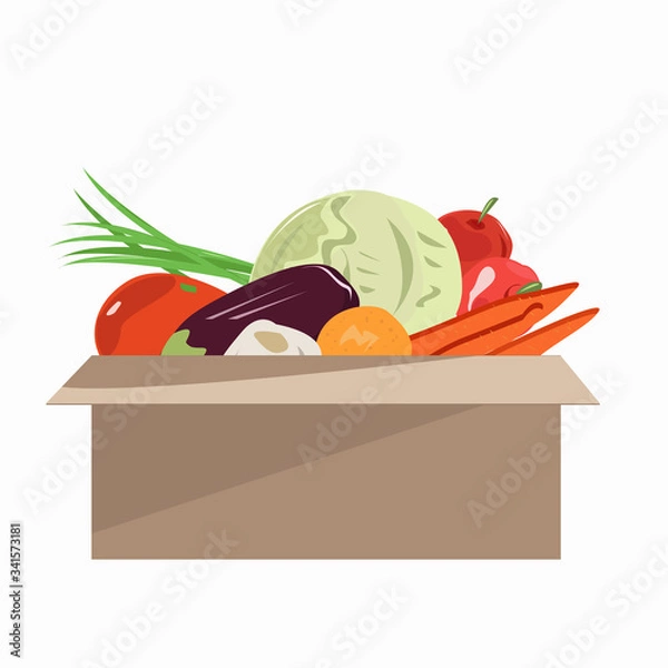 Obraz Cardboard box with vegetables and fruits for delivery