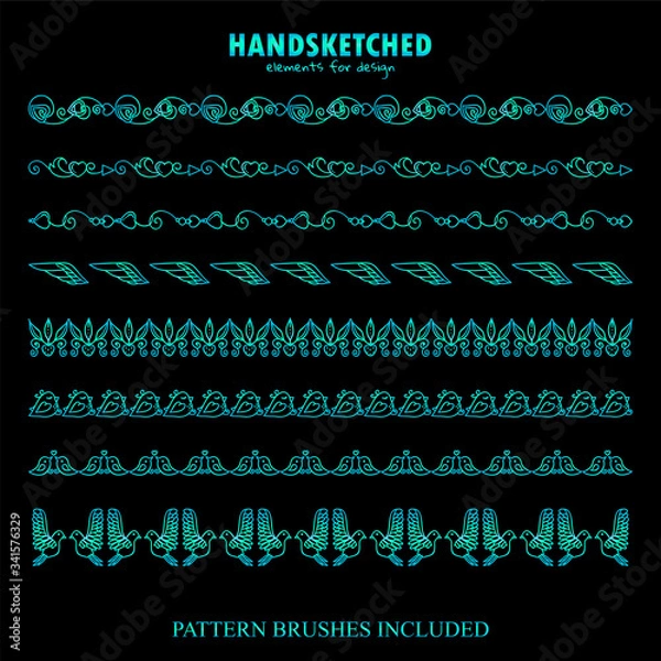 Fototapeta Vector set of brushes or dividers in vintage style. Wave arrows, hears, doves, cute birds and flowers elements in Valentine’s day symbols. Blue neon color on black. Brushes included, set 5