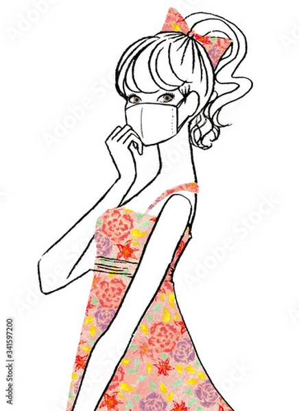 Fototapeta 夏場にマスクをつけたポニーテイルの可愛い女性