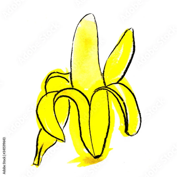 Fototapeta peeled yellow bright banana with pulp and slices in watercolor