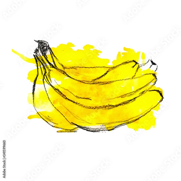 Fototapeta peeled yellow bright banana with pulp and slices in watercolor