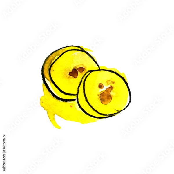 Fototapeta peeled yellow bright banana with pulp and slices in watercolor