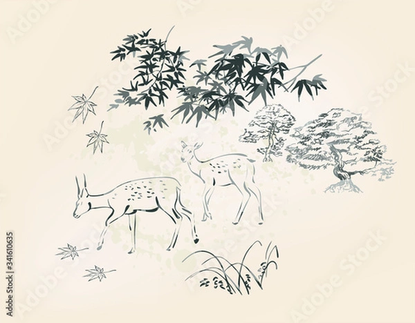 Fototapeta deer vector card japanese chinese nature ink illustration engraved sketch traditional textured