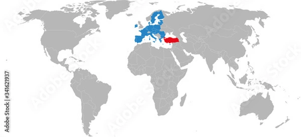 Fototapeta European union, turkey highlighted on world map. Business concepts,political, trade, transport relations.