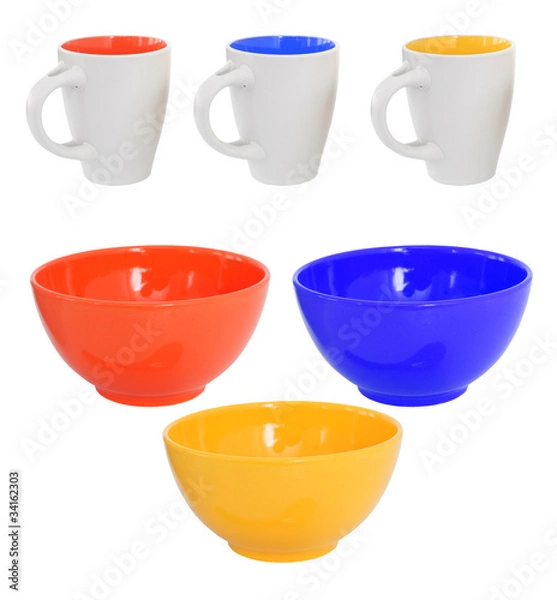 Obraz Three multicolored mugs and bowls
