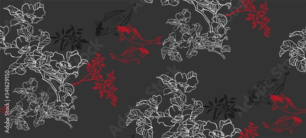 Fototapeta fish koi japanese chinese design sketch ink paint style seamless pattern