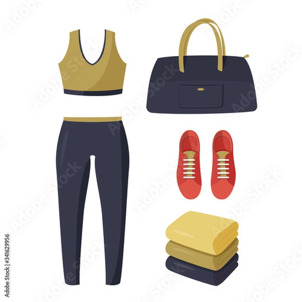 Obraz Women tight-fitting sport suit, red sneakers, dark blue bag and stack of towels. Simple vector illustration isolated on white background.