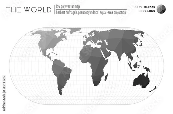 Fototapeta Low poly design of the world. Herbert Hufnagel's pseudocylindrical equal-area projection of the world. Grey shades colored polygons. Stylish vector illustration.