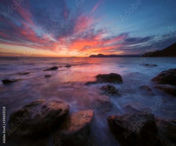 Fototapeta Seascape with very beautiful sky at sunset and mountains