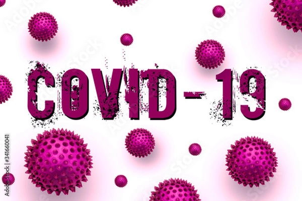 Fototapeta Inscription COVID-19 on white background. Coronavirus disease 2019 is an infectious disease caused by severe acute respiratory syndrome (SARS-CoV-2).  Abstract purple virus strain model of MERS-Cov