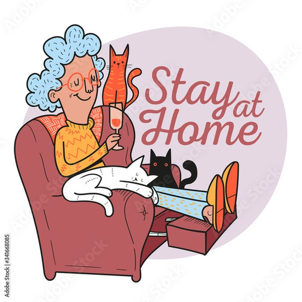 Fototapeta Stay at Home. Woman drinks wine sitting with her cats