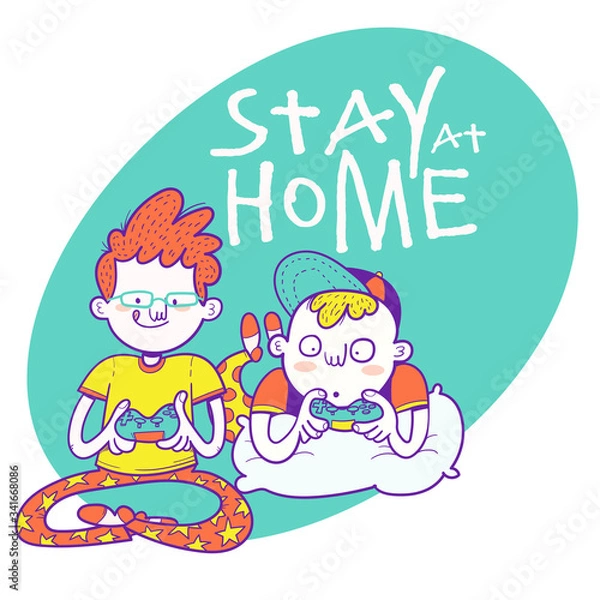 Fototapeta Stay at Home. Children playing video games