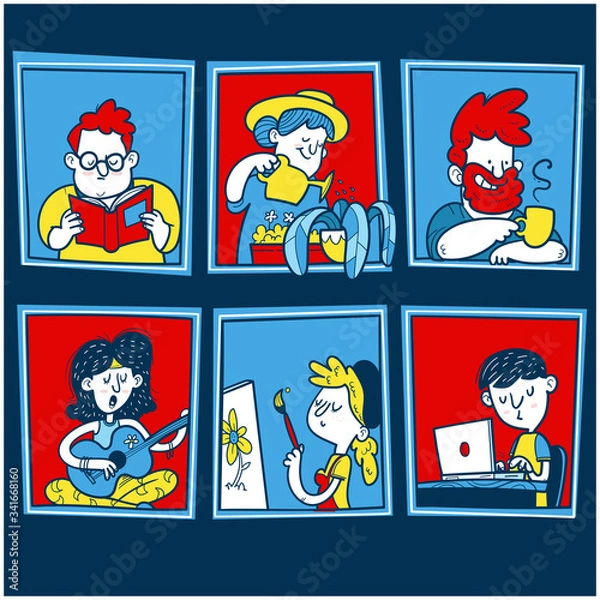 Fototapeta Windows with different people. Different people staying home to be protect from coronavirus.