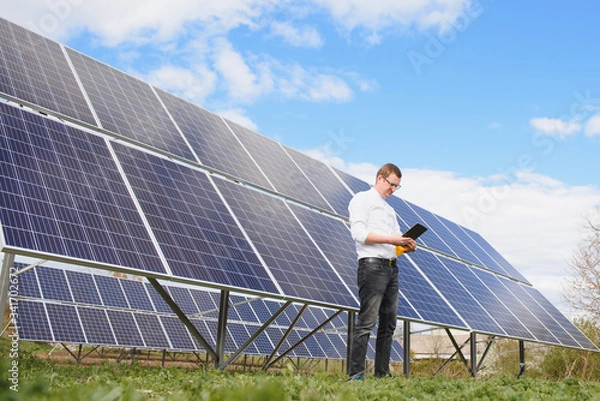 Fototapeta solar panels and blue sky.Man standing near solar panels. Solar panel produces green, environmentally friendly energy from the sun.