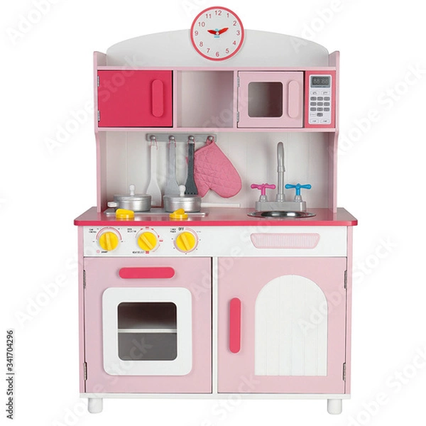 Obraz kitchen toy with utensils and food isolated on white background