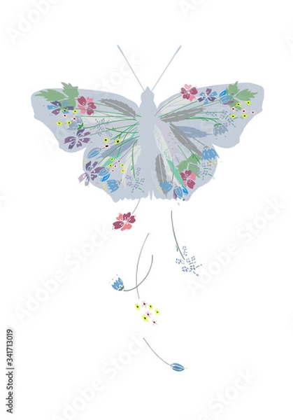 Fototapeta Isolated on white beautiful vector butterfly with flowers