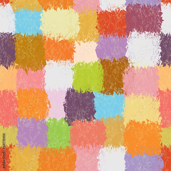 Fototapeta Checkered vivid seamless pattern with grunge stain rough colorful square elements