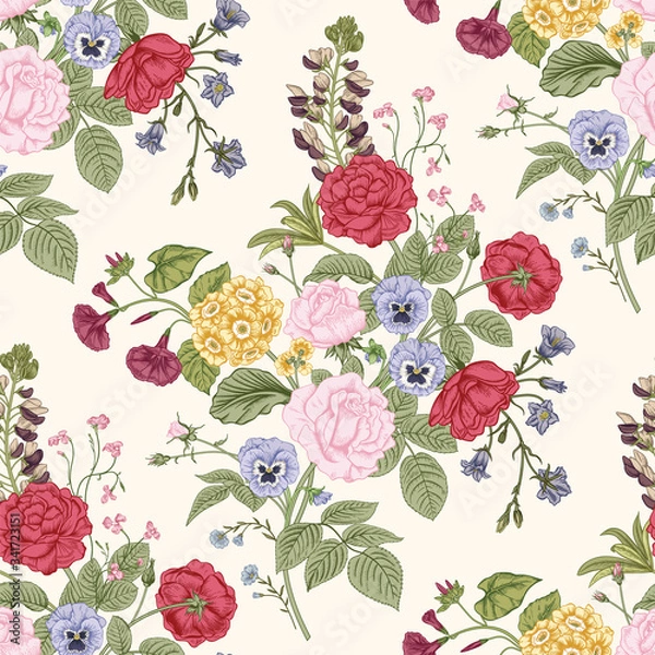Fototapeta Seamless pattern with flowers. Blooming  garden. Vector illustration.