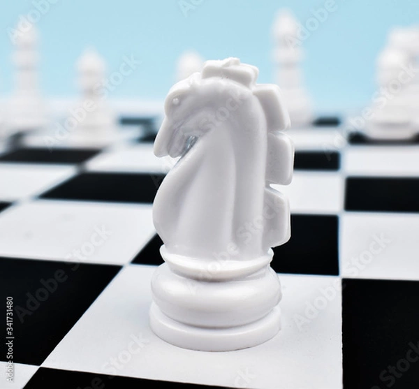Fototapeta White knight placed on top of a white square of the chess board in a game