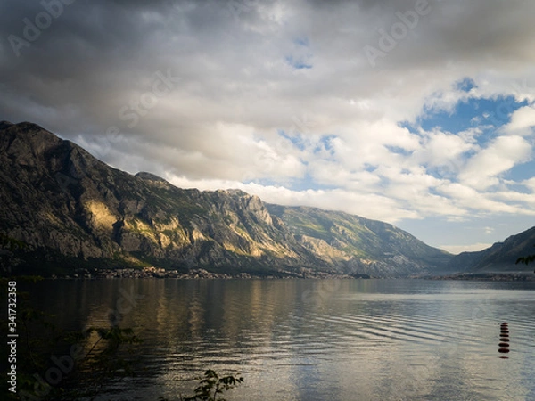 Fototapeta The view of the Kotor Bay at sunset.  Montenegro autumn 2019
