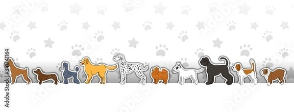 Fototapeta Header with cartoon dogs on light background with stars and paws. Horizontal vector illustration.