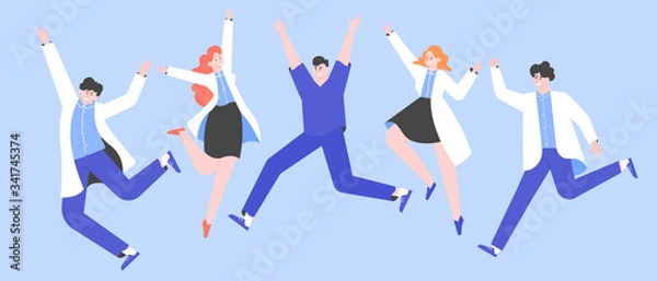 Fototapeta Happy doctors are jumping. The joy of defeating the disease, the end of the fight against the pandemic. Winners and heroes. Vector flat illustration.