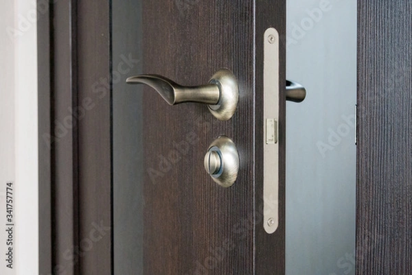 Fototapeta Wooden door is slightly open into the room. Conception of secret or horror scene