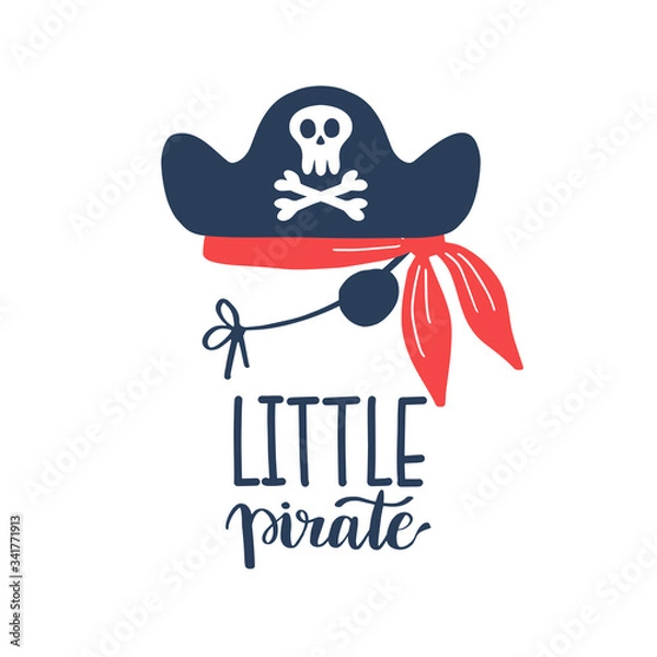 Fototapeta Ilustracji wektorowych Mały pirat napis z kapeluszem pirata i kości. Godło logo dzieci. Nadruk na tkaninie