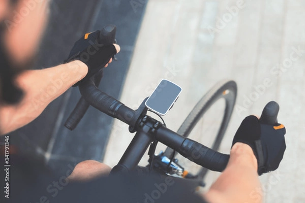 Obraz Road Bike With GPS Navigator With Smart Watches on Cycle Handle Bar. Blank Screen With Copy Space. Eco Friendly