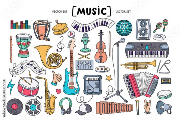 Fototapeta Vector colorful set on the theme of music. Isolated cartoon doodles of musical instruments and symbols on white background. Line art