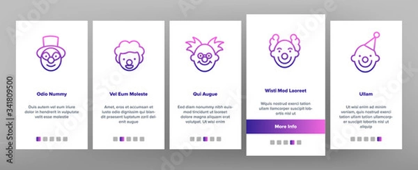 Fototapeta Clown Circus Character Onboarding Icons Set Vector. Happy Smiling And Unhappy Sad Different Mood Carnival Funny Clown Joker Illustrations