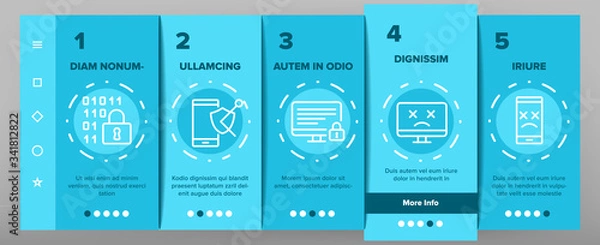 Fototapeta Antivirus Program Onboarding Icons Set Vector. Computer And Laptop Antivirus, Binary Code Security Padlock, Hammer Kill Bug Illustrations