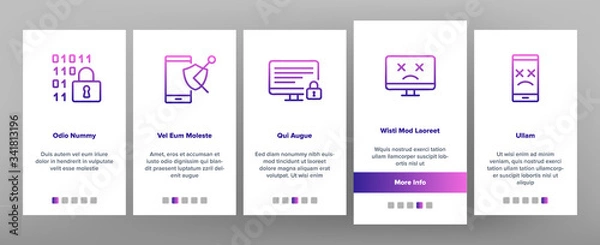 Obraz Antivirus Program Onboarding Icons Set Vector. Computer And Laptop Antivirus, Binary Code Security Padlock, Hammer Kill Bug Illustrations
