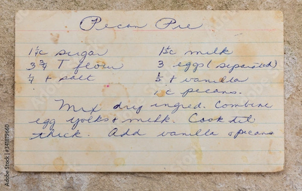 Obraz Old handwritten pecan pie recipe, blue ink on 3x5 index card