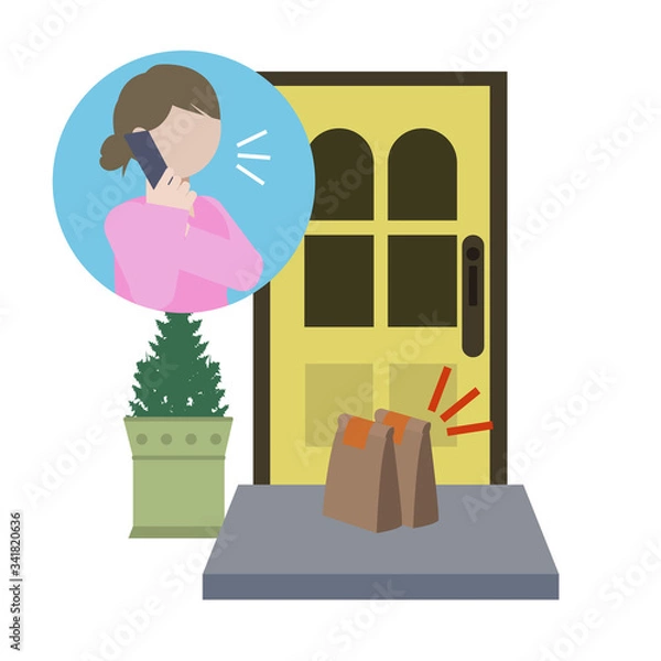 Fototapeta 顧客と玄関先に置かれたデリバリー商品