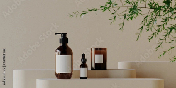 Fototapeta Minimal background for branding and product presentation. Cosmetic bottle on podium with green plant on beige background. 3d rendering illustration.