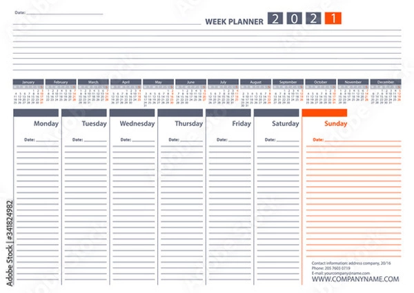 Fototapeta Week Planner 2021 Calendar Vector Design Template