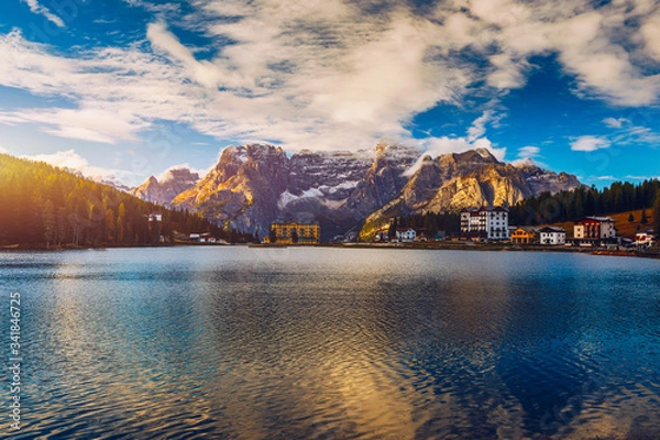 Fototapeta Lake Misurina or Lago di Misurina Italy. Misurina Lake with perfect sky reflection in calm water. Stunning view on the majestic Dolomites Alp Mountains, Italy, National Park Tre Cime di Lavaredo.