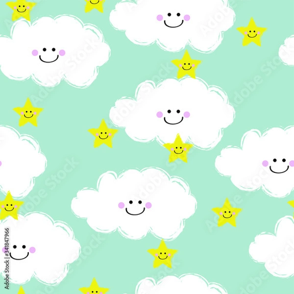 Obraz Cute Hand Drawn Smiling Clound And Stars Vector Seamless