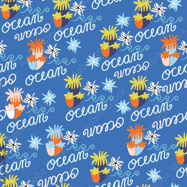 Fototapeta Light blue with marine elements and the word ocean seamless pattern background design.