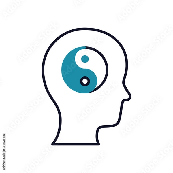 Fototapeta mental health concept, yin yang symbol inside human head icon, half line half color style