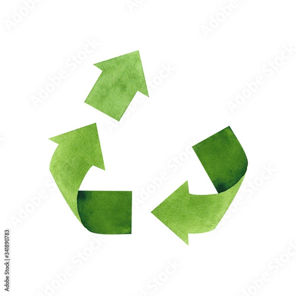 Obraz Watercolor upcycling sign, isolated on white background. Hand drawn reuse symbol for ecological design. Zero waste lifestyle.