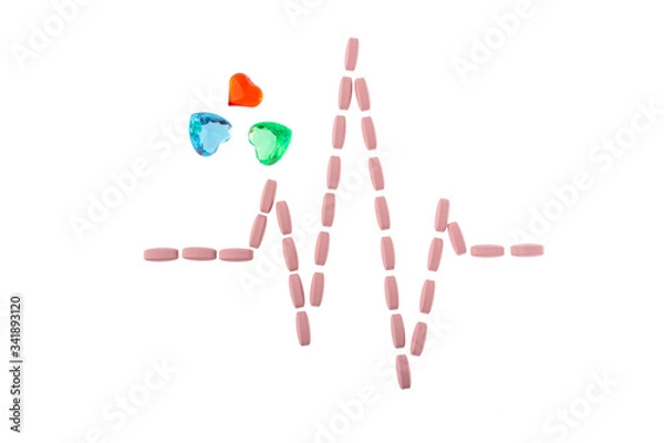Obraz Pills in shape of cardiogram pulse on white isolated background. Pink vitamins and glass hearts, symbol of healthy lifestyle. Pharmaceutical and cardiology concept. Heartbeat rhythm made of tablets