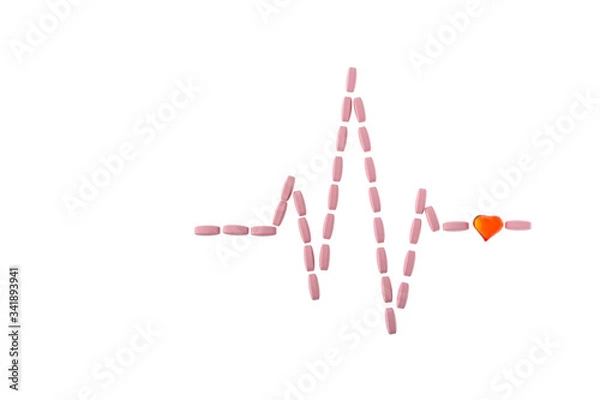 Obraz Pills in shape of cardiogram pulse on white isolated background. Vitamins and red glass heart, symbol of healthy lifestyle. Pharmaceutical and cardiology concept. Heartbeat rhythm made of tablets