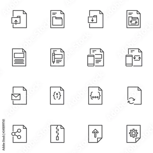 Fototapeta Document files line icons set, outline vector symbol collection, linear style pictogram pack. Signs logo illustration. Set includes icons as download file folder, share doc, update smartphone software