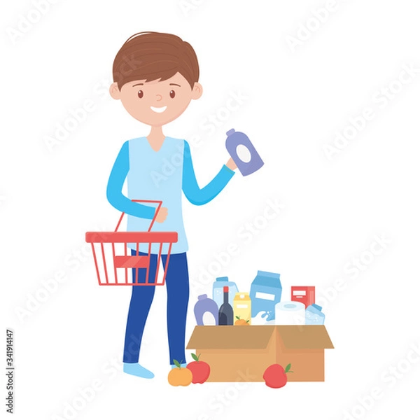 Fototapeta Man shopping with basket box and products vector design